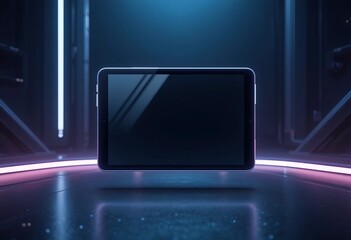 Floating Tablet Mockup in Neon Cyber Environment - Digital Product Display