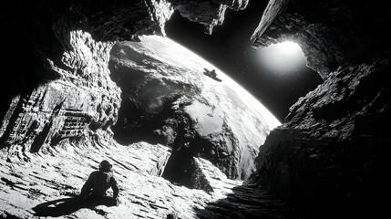 space scattered with floating structures resembling ancient alien machinery