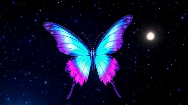 purple and blue butterfly flying in the night sky with stars