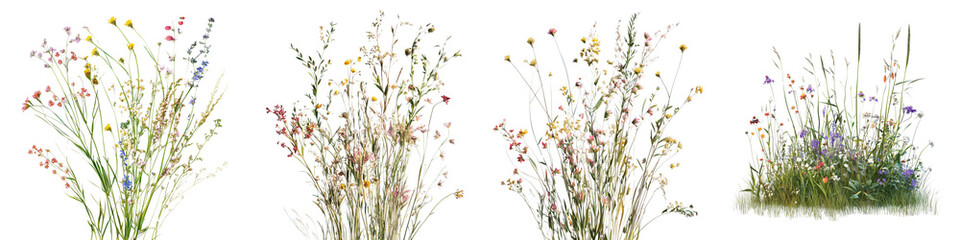 set of Clusters of ornamental meadow grasses gently scattered with blooming flowers, on a transparent backgrounds