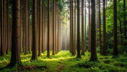 Obraz premium Sunlit Path Through Tall Pine Trees In Forest