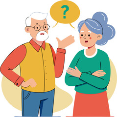 Elderly Couple Understanding and Solving a Problem. Exclamation mark. Hand drawn style vector design illustrations.