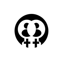 Intertwined female symbols in a minimalist style in black and white colors representing lesbian love