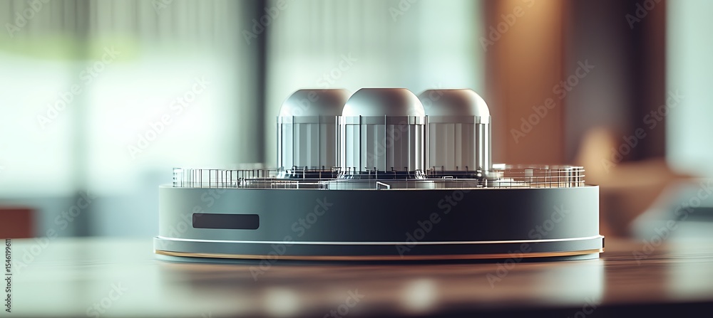 Aufkleber advanced nuclear power concept model with smooth reactor domes displayed on polished desk and brandi