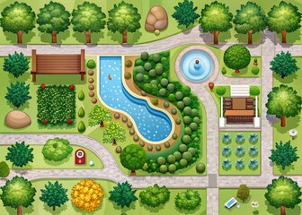 Aerial view of a landscaped park with winding paths, pools, and gazebo