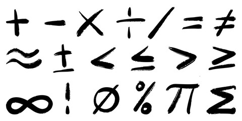 Hand Drawn Ink Brush Math Symbols Set on White Background
