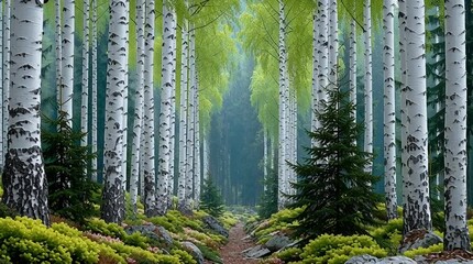 A serene birch forest in spring, white trunks contrasting with young green leaves, scattered light dancing across the soft forest floor - Powered by Adobe
