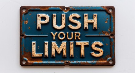 push your limits lettering on antique rugged rusty metal sign on plain white background motivation inspiration quote saying