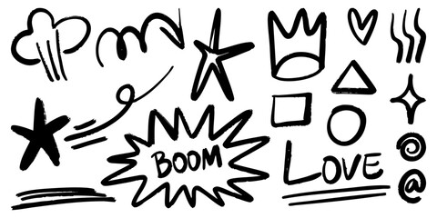 Hand Drawn Black Brush Doodle Elements Set Stars, Shapes, Love Text, and Comic Effects