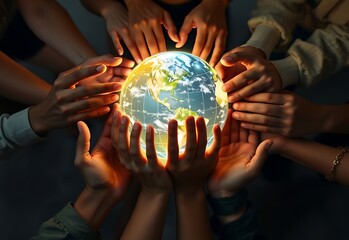 Hands around the globe, embracing our planet for a sustainable future