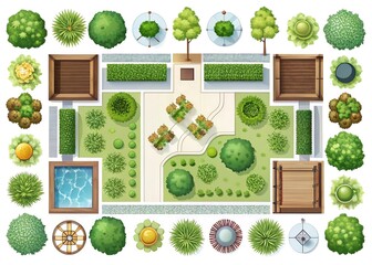 Top-down view of a lush garden landscape design with trees, shrubs, and wooden structures