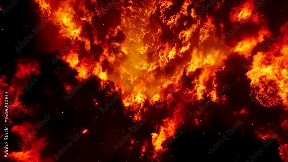 Poster intense blaze and fiery flames with sparks engulfing dark background in dynamic motion