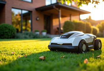 Modern robotic lawn mower operating on a well-maintained lawn in front of a house