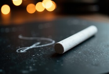 Chalk piece on a blackboard with chalk dust and blurred lights in the background