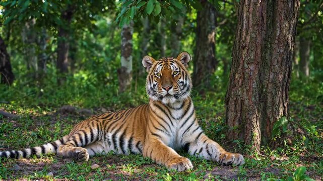 a close up of a tiger laying in the grass near a tree