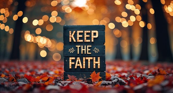 keep the faith lettering on autumn nature concept blurred lights bokeh background motivation inspiration quote saying