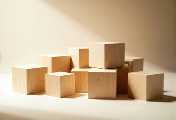 Obraz premium Minimalist arrangement of wooden cubes with soft lighting and shadow effects