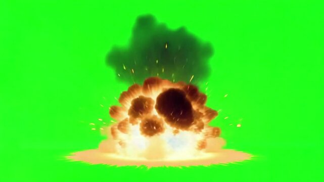 Massive explosion with thick smoke on green screen