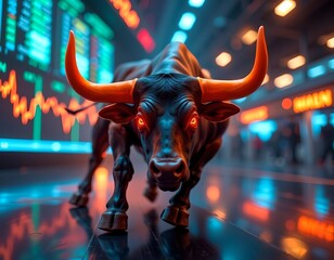 bull with glowing horns charging through neon trading floor, finance technology theme, 3d render, shallow dof � stock market bull image for fintech campaign