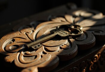 Ornate wooden clock with a vintage key resting on its surface, showcasing intricate craftsmanship and classic design