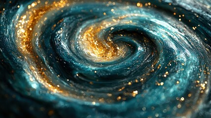 Abstract spiral swirl of teal and gold glitter