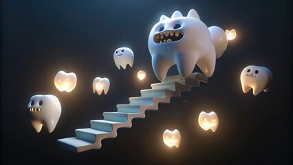 Cute cartoon tooth characters ascending stairway for National Tooth Fairy Day  