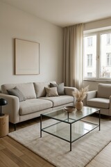 Elegant living space with modern gray furniture, abstract wall art, and soft natural lighting.