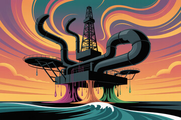 Obraz premium Vibrant Surreal Oil Rig Under Colorful Sunset with Dripping Colors