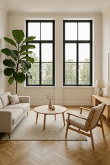 Neutral-toned kitchen and lounge with modern dining area, beige sofa, and natural curtains