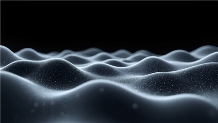 abstract 3D scene on a black background featuring data, wavy white dots, and a hint of the future.