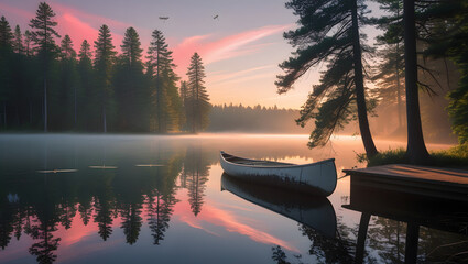 boat on the verge of lake in evening