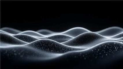data, a hint of the future, and wavy white dots on a black background make up this abstract 3D picture.