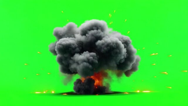 Slow-motion explosion with floating particles on green screen