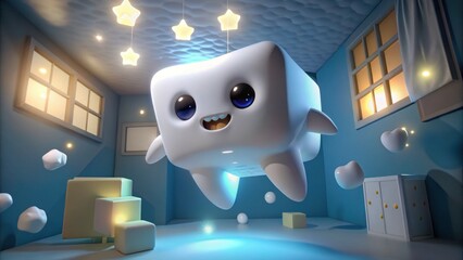Friendly smiling tooth character flying in a blue room concept of National Tooth Fairy Day  