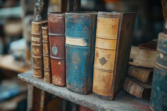 Old books neatly arranged on a shelf.