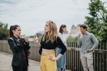 A group of friends shares moments enjoying ice cream, fostering camaraderie and fun.