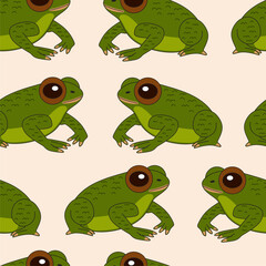 Hand drawn vector of seamless pattern with green frogs isolated on light yellow background. Original stock illustration of amphibian