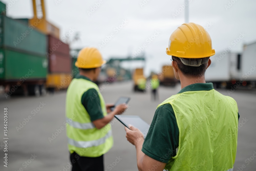 Poster efficient workers in safety vests and helmets use tablets at busy shipping yard, showcasing teamwork