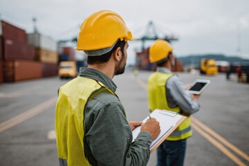 Obraz premium Efficient male workers in safety gear, wearing yellow helmets, assess cargo at shipping yard. They demonstrate teamwork and focus while managing logistics and operations