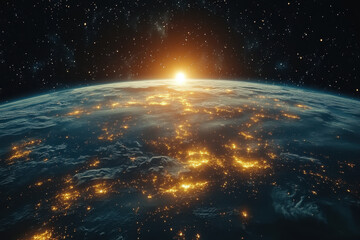 Obraz premium Sunlight illuminating the Earth, casting radiant lights across the globe.
