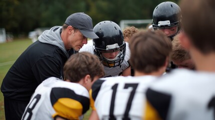 Fototapeta premium Coach guiding youth football team during strategy session, emphasizing teamwork and focus on game. players are engaged and attentive, showcasing determination and collaboration