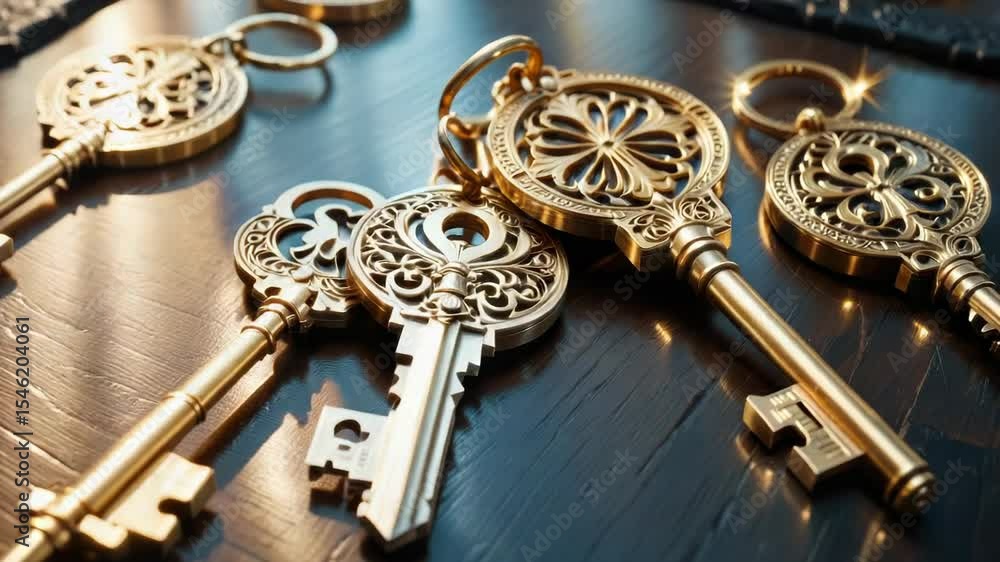 Poster a collection of keys arranged on a wooden table, suitable for use as a prop or decorative element in