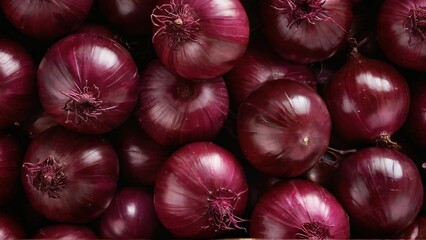Fresh Red Onions in Bulk Display with Shiny Skins Close Up, Bulk display of fresh red onions showcasing their glossy purple skins, ideal for culinary and cooking themes