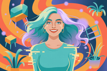 Cheerful Young Woman with Colorful Hair Surrounded by Whimsical Plants and Abstract Background in Vibrant Tones