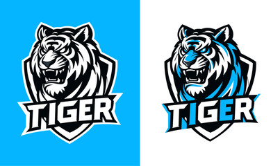 Set of Fierce Tiger Mascot Logos in Black & White and Blue Accents Style on Color Backgrounds