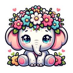 Charming Baby Elephant Adorned with Floral Crown: An adorable baby elephant, rendered in a delightful cartoon style, sits gracefully with a vibrant floral crown.