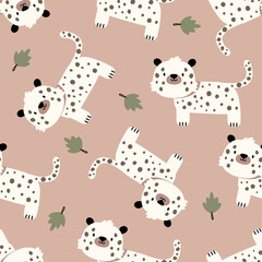 pattern design for kids fashion with cute leopard cartoon drawing as vector