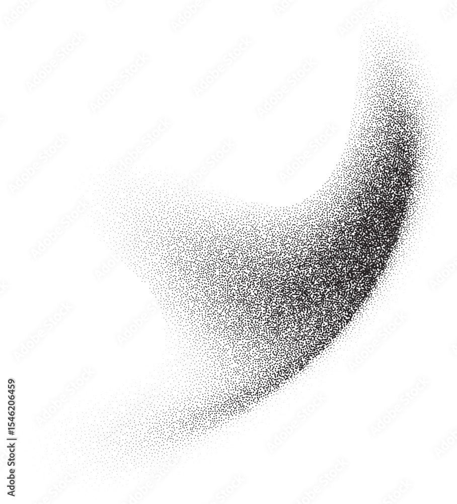 Poster dotted gradient. abstract stipple shape of paint brushstroke. dusty charcoal shadow and fluid splash