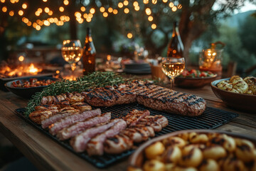 Grilling food on a table with a grill.