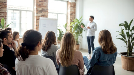 Male speaker giving presentation in hall at university workshop. Audience or conference hall. Rear view of unrecognized participants in audience. Scientific conference event, training.